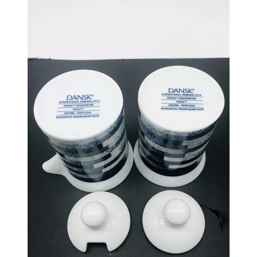 DANSK Radia INDIGO Sugar & Creamer With Lids 2 Mugs Cups Blue White Coffee A1 - Picture 6 of 8